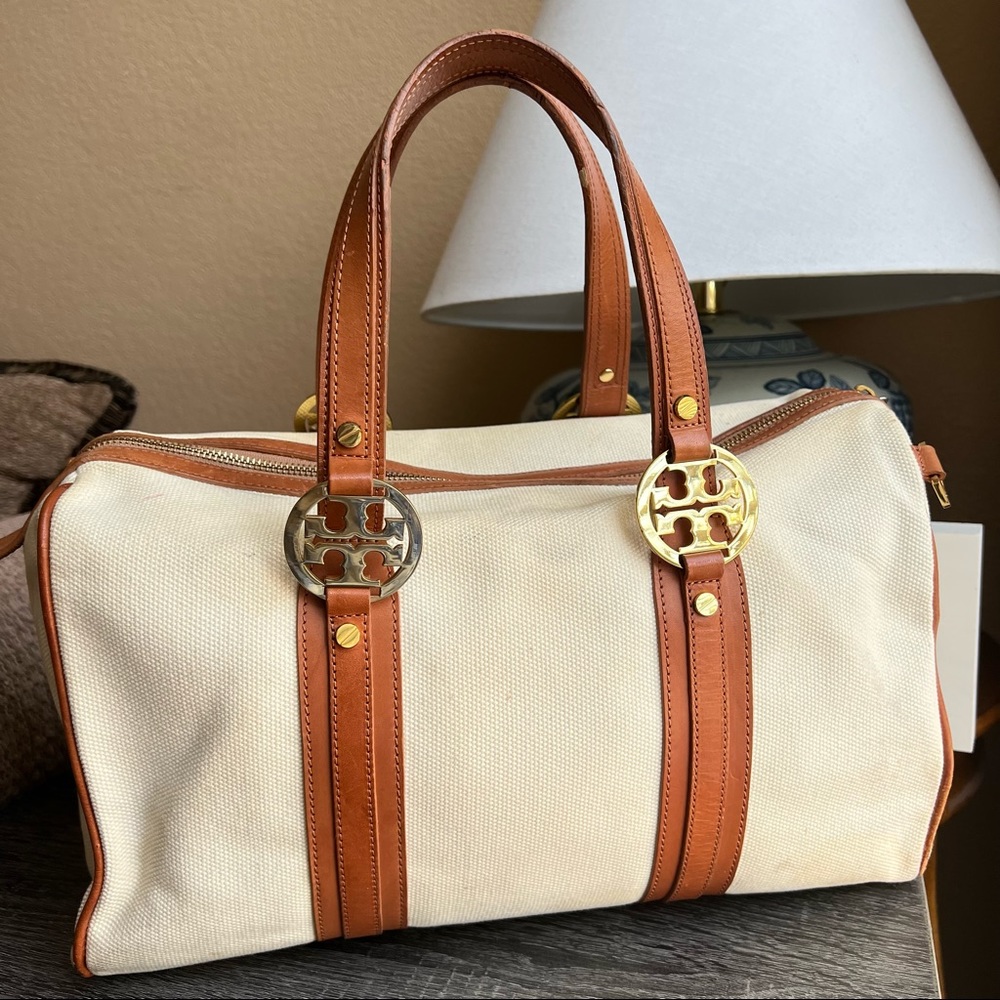 Tory Burch Canvas Leather Trim Small Duffle Bag Retail $695
